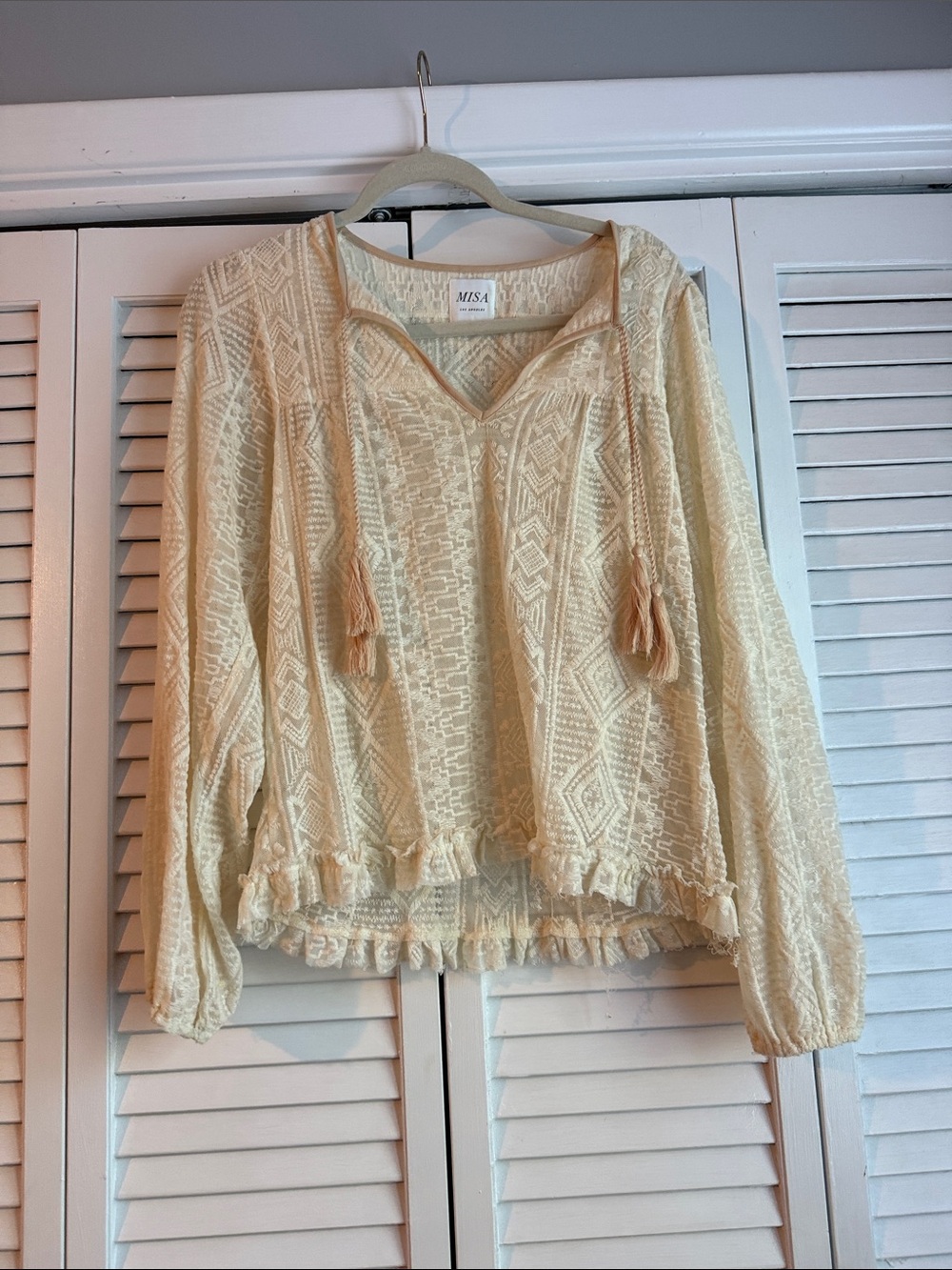 Misa Los Angeles Cream Textured Tassel Peasant Blouse